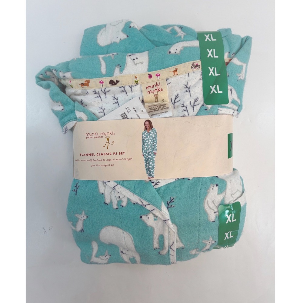 Munki Munki Flannel Classic PJ Set XL Polar Bear Fox Baby Blue Bamboo Cotton NEW